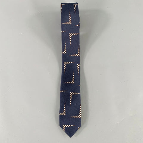 LANVIN Navy White Abstract Stripe Silk Tie