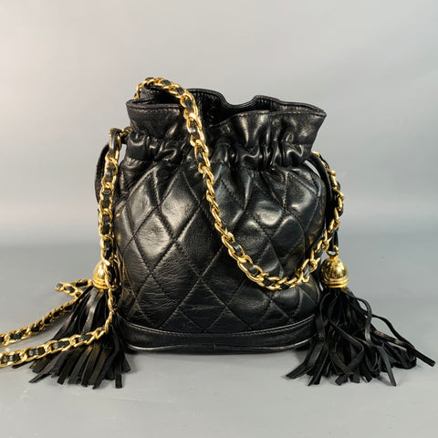HENRI BENDEL Vintage Black Gold Quilted Leather Chain Crossbody Bucket Bag