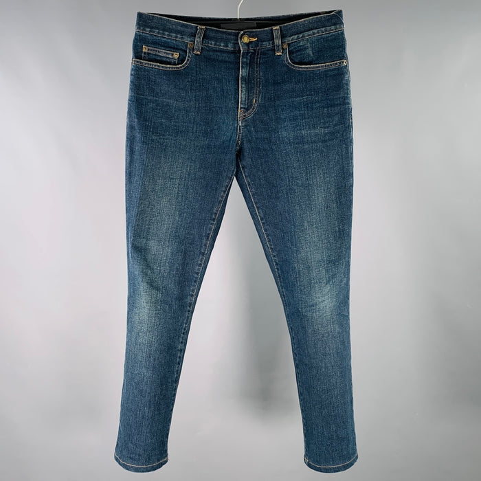 SAINT LAURENT Size 30 Blue Contrast Stitch Cotton Blend Straight Jeans