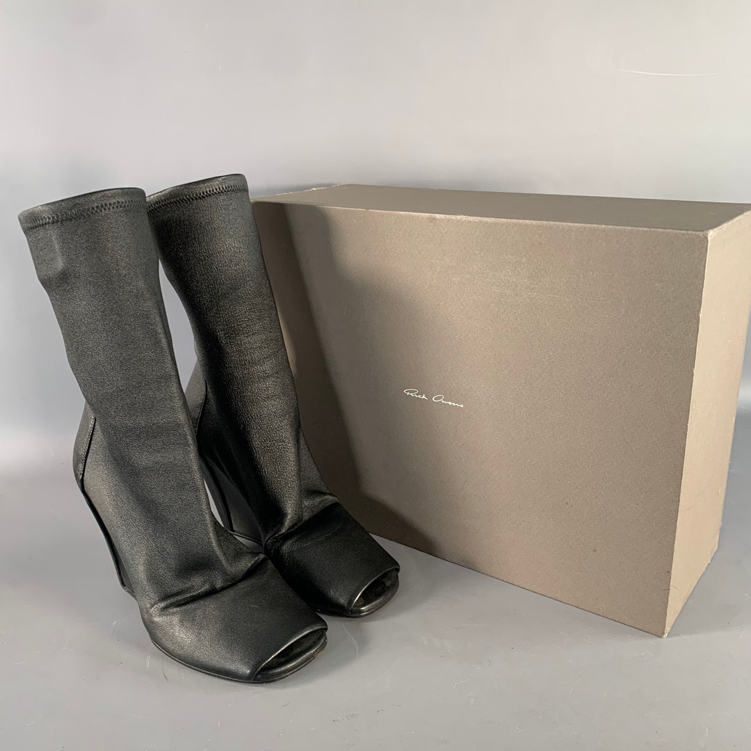 RICK OWENS Size 5 Black Lambskin Leather Open Toe Sock Wedge Boots