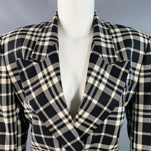 GIANFRANCO FERRE Vintage Size M Black White Wool Silk Plaid Double Breasted Jacket Blazer