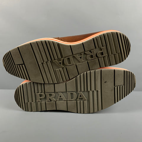 PRADA Size 9.5 Brown Perforated Leather Platform Lace-Up Shoes