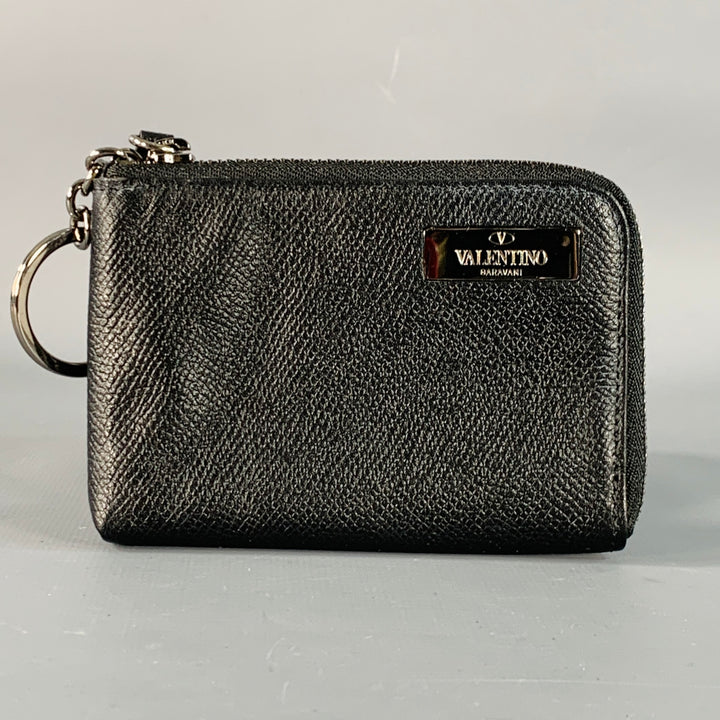 VALENTINO One Size Black Silver Pebble Grain Zip Around Keychain Wallet