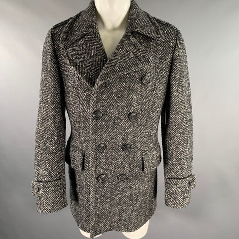 WOOSTER + LARDINI Size 36 Black Grey White Herringbone Wool Peacoat Coat