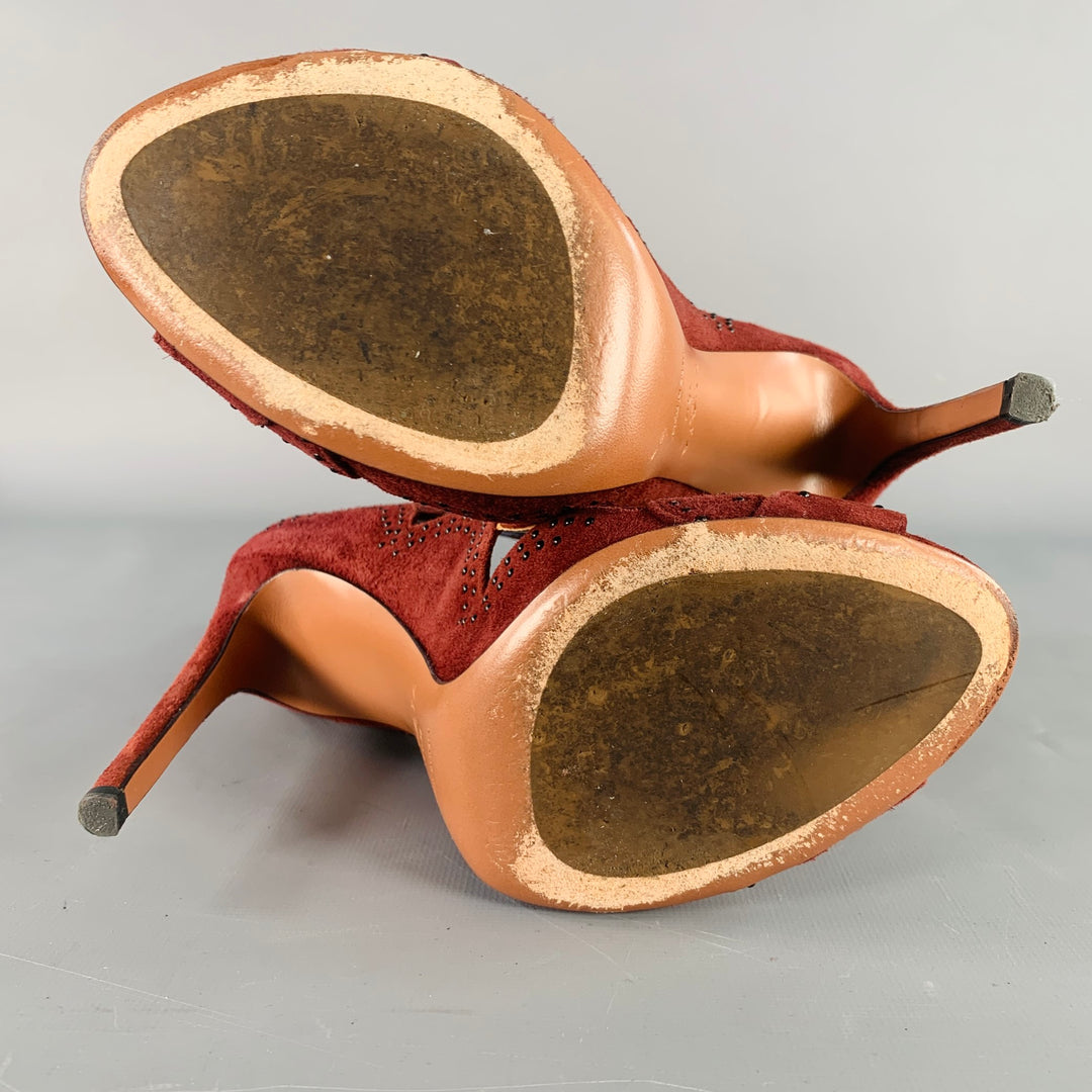 ALAIA Size 9.5 Burgundy Suede Studded Cutout Lace-Up Sandals