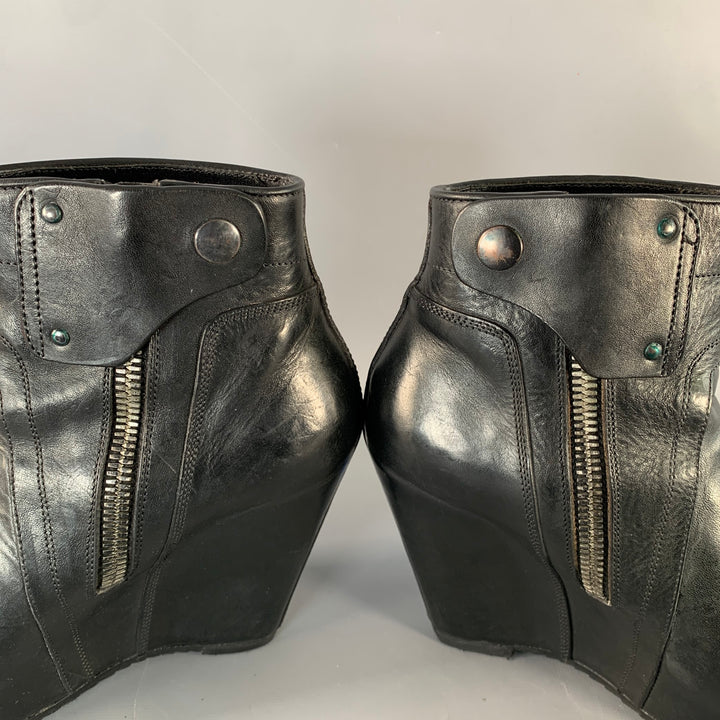 RICK OWENS Size 7.5 Black Leather Hidden Heel Side Zipper Wedge Pumps