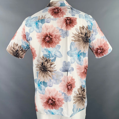 PRESIDENT's Size L White Pink Blue Floral Cotton One Pocket Short Sleeve Shirt