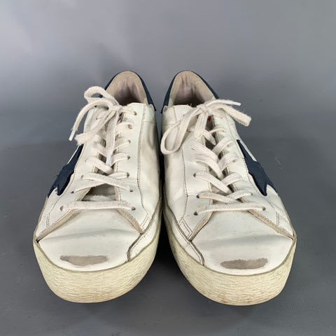 GOLDEN GOOSE Size 9 White Navy Logo Leather Skater Sneakers