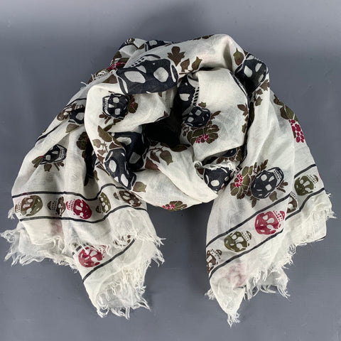 ALEXANDER MCQUEEN White Green Skull Floral Fringe Square Scarf