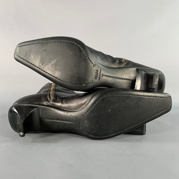 PRADA Size 7 Black Leather Kitten Heel Side Zipper Belted Ankle Boots