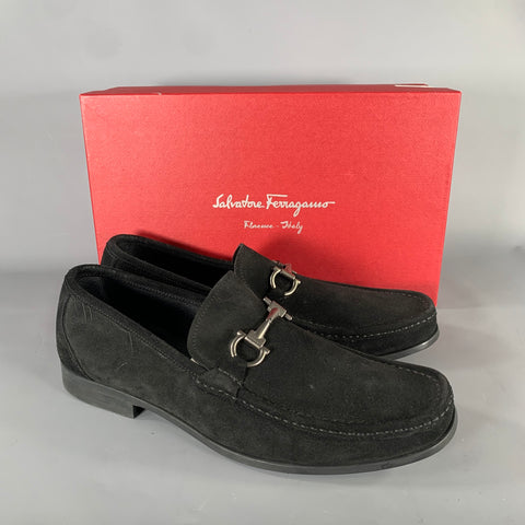 SALVATORE FERRAGAMO Size 11.5 Black Suede Horsebit Loafers