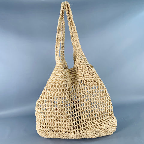 YVES SAINT LAURENT Icare Maxi Gold Natural Crochet Raffia Logo Tote Handbag
