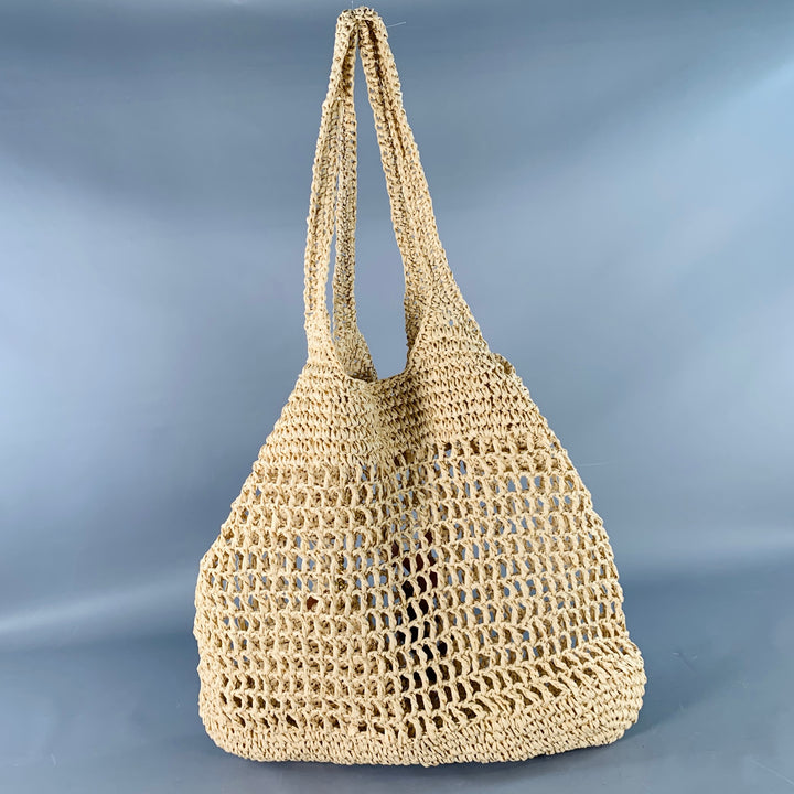 YVES SAINT LAURENT Icare Maxi Gold Natural Crochet Raffia Logo Tote Handbag