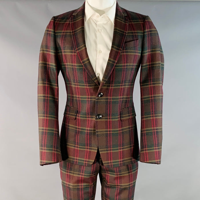 DRIES VAN NOTEN Size 36 Red Green Plaid Wool Notch Lapel Suit