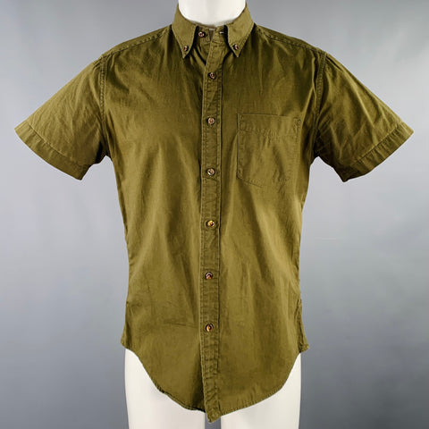 BARNEY'S NEW YORK Size M Green Cotton One Pocket Short Sleeve Shirt