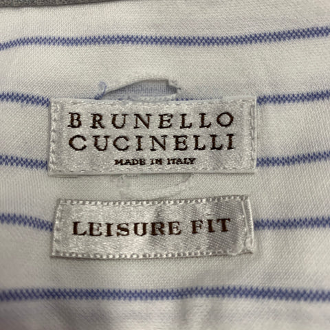 BRUNELLO CUCINELLI Size S White Blue Pinstripe Cotton Leisure Fit Long Sleeve Shirt