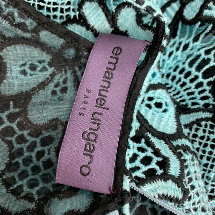 EMANUEL UNGARO Size 10 Blue Black Cotton Polyester Floral Cocktail Dress