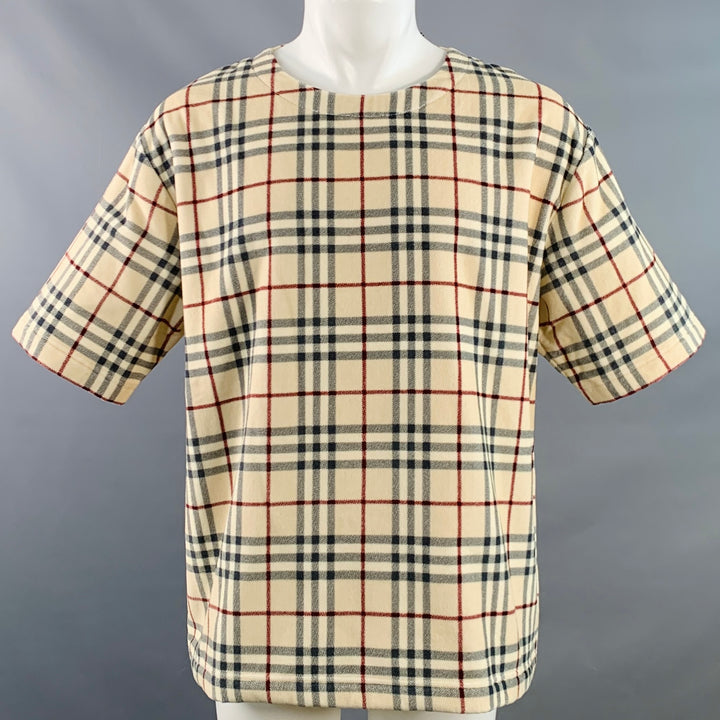 BURBERRY Archive Size S Willesden Khaki Black Burgundy Plaid Cotton Oversized T-Shirt Pullover