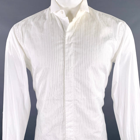 BRIONI Size M White Silver Stripe Cotton Tuxedo Formal Long Sleeve Shirt