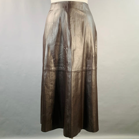 IRIS & INK Size 16 Brown Lambskin Leather A-Line Midi Skirt