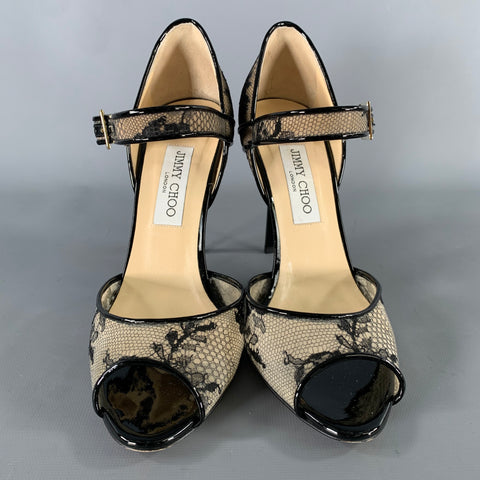 JIMMY CHOO Size 9 Black Cream Lace 144Lace Stiletto Pumps
