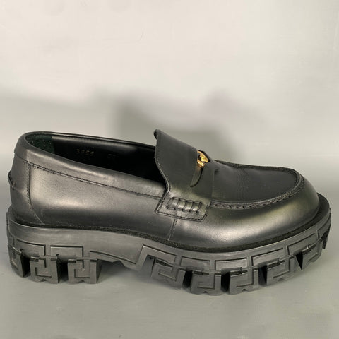 VERSACE Size 9 Black Gold Textured Leather Platform Loafers