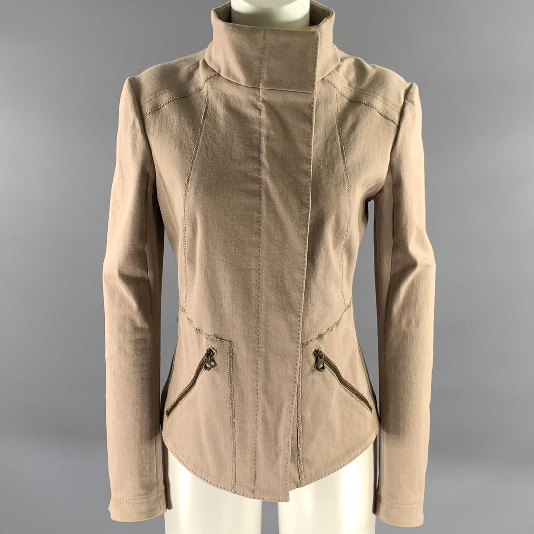 DONNA KARAN Size 8 Beige Cotton Blend Mock Collar Jacket