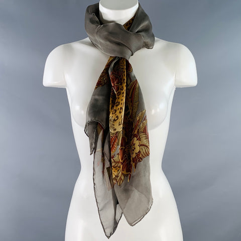 SALVATORE FERRAGAMO Grey Orange Red Leopard Floral Silk Scarf Shawl