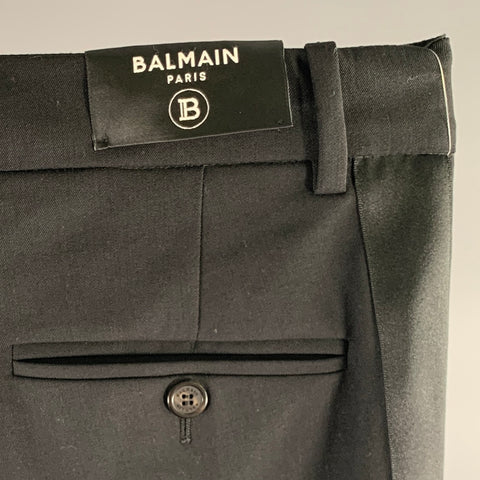 BALMAIN Size 30 Black Wool Blend Tuxedo Dress Pants