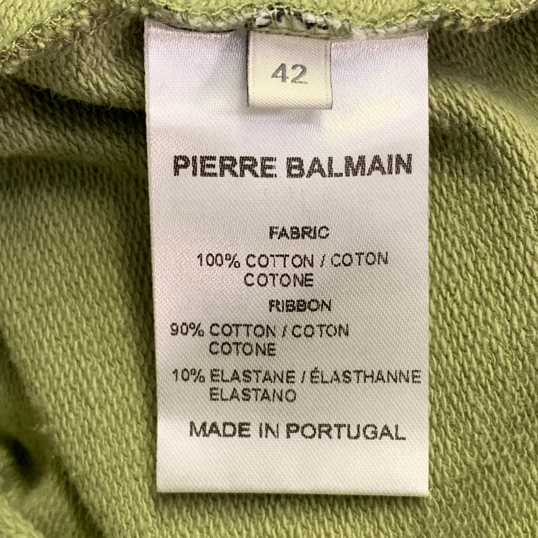 BALMAIN Size L Green Sage Cotton Blend Jersey Logo Crew Neck Pullover