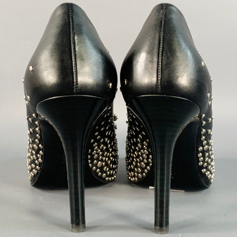SALVATORE FERRAGAMO Size 5 Black Silver Leather Studded Bow Pumps