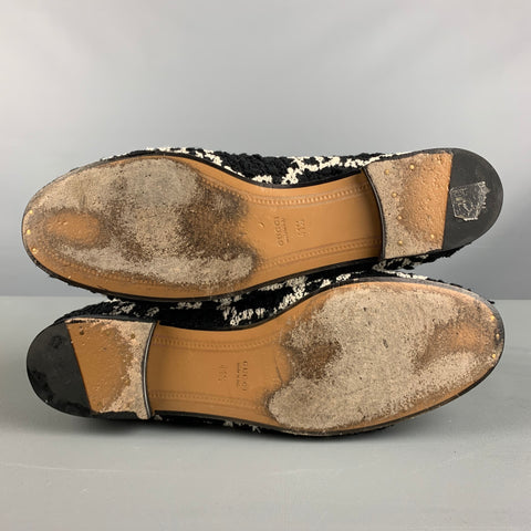 GUCCI Size 11.5 Black White Tweed Monogram Leather Slip On Flats