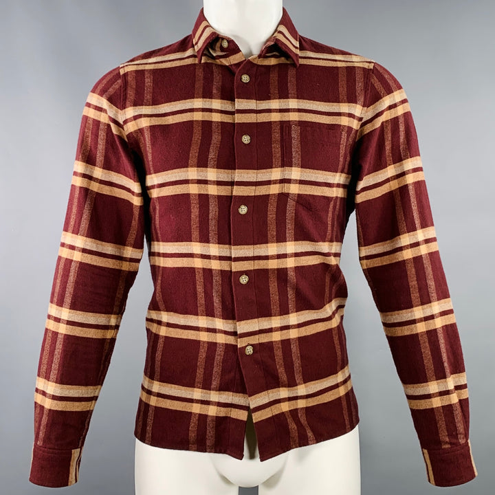 JOHN ELLIOTT Size S Burgundy Yellow Plaid Cotton One Pocket Long Sleeve Shirt