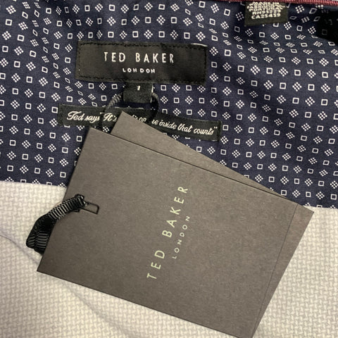 TED BAKER Size XS Femme Navy White Geometric Cotton Spread Collar Long Sleeve Shirt
