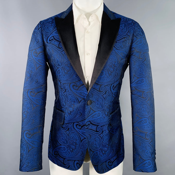 DSQUARED2 Size 40 Blue Black Paisley Polyester Silk Jacquard Tuxedo Sport Coat