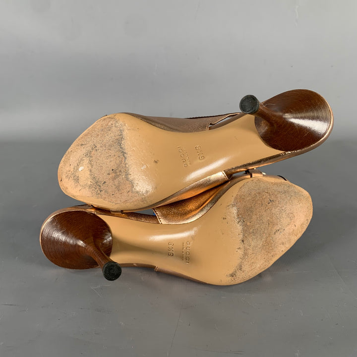 GUCCI Size 6.5 Gold Rose Metallic Ankle Strap Pumps