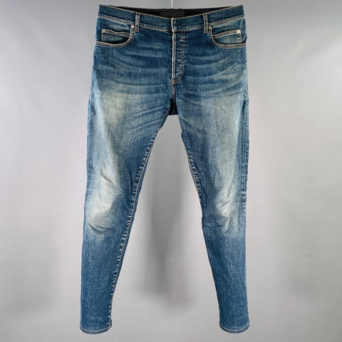 BALMAIN Size 32 Blue Contrast Stitch Cotton Blend Skinny Button Fly Jeans