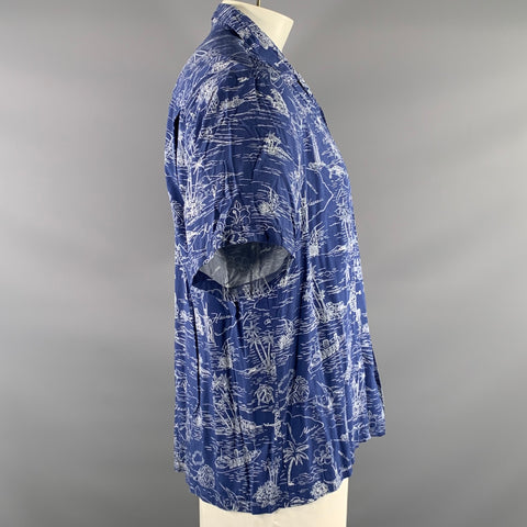 TWO PALMS Size L Blue White Graphic Rayon Camp Short Sleeve Shirt