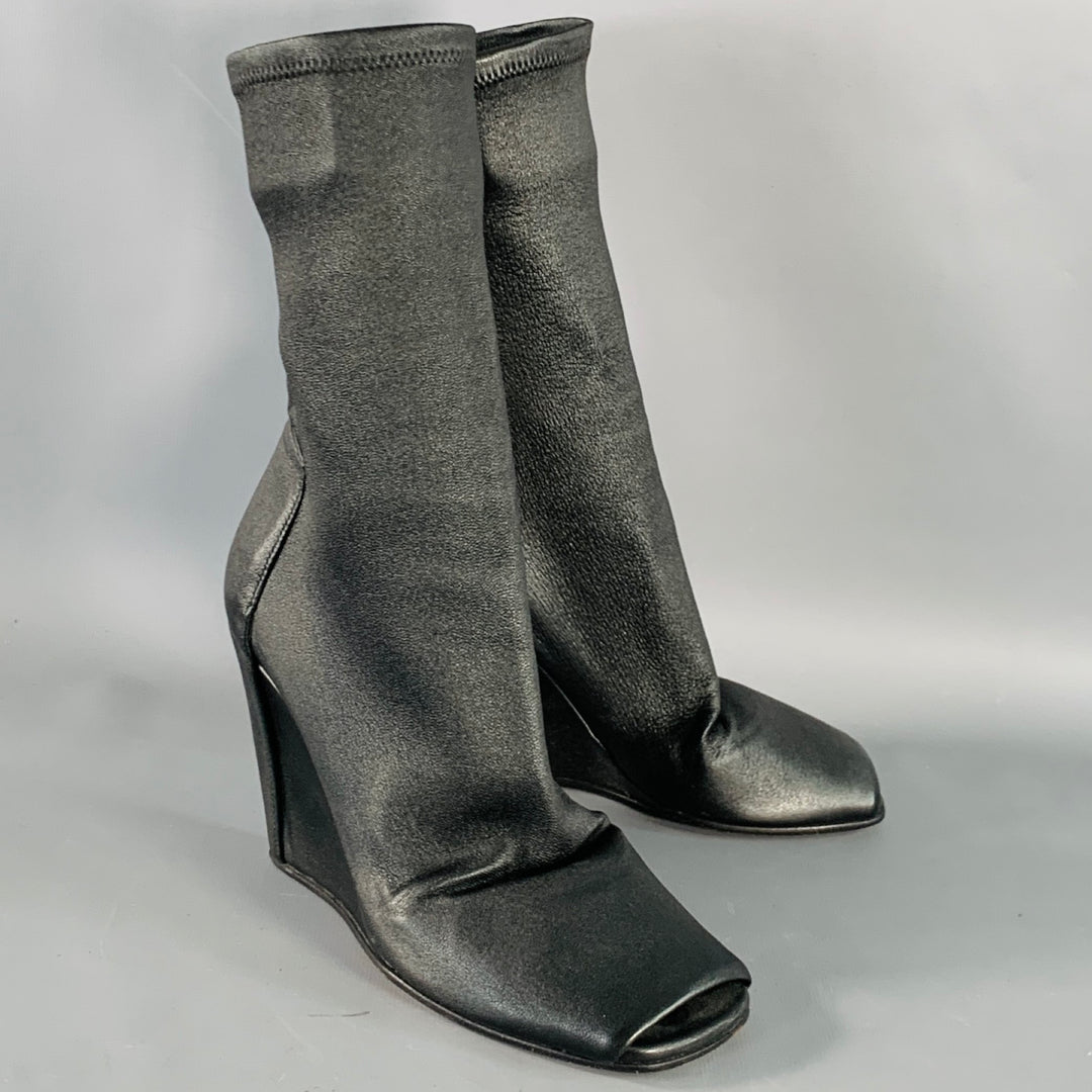 RICK OWENS Size 5 Black Lambskin Leather Open Toe Sock Wedge Boots