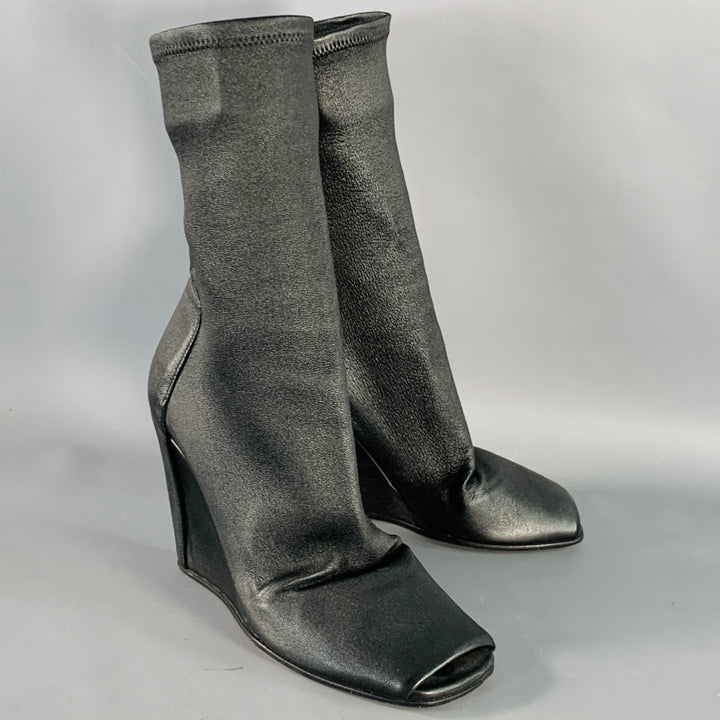 RICK OWENS Size 5 Black Lambskin Leather Open Toe Sock Wedge Boots