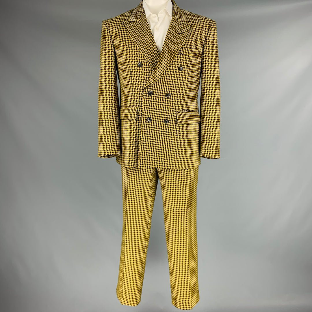 AWAKE Size XL Yellow Black Houndstooth Wool Double Breasted Peak Lapel Suit