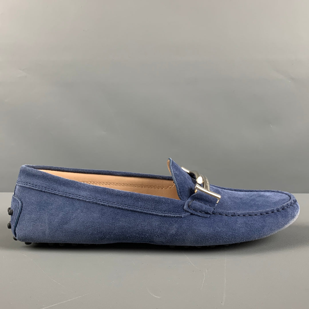 TOD'S Zapatos planos para conductores de gamuza azul plateado talla 11