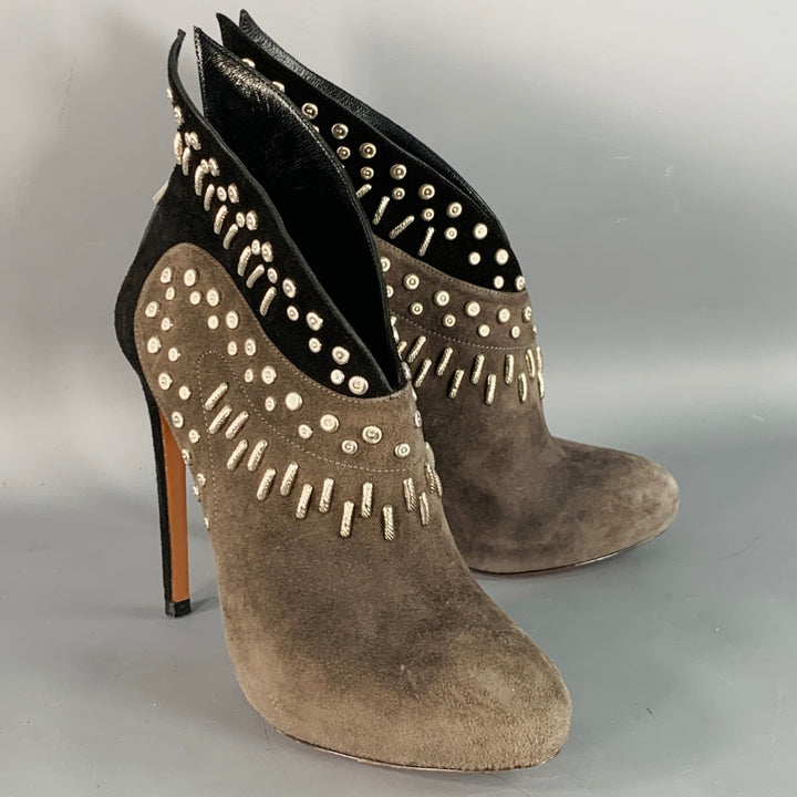 ALAIA Size 7.5 Black Grey Studded Suede Back Zipper Stiletto Booties
