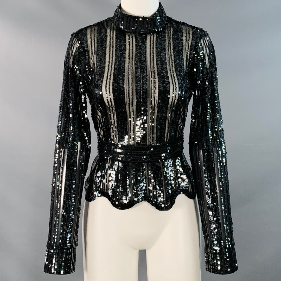 DEREK LAM Size 6 Black Polyester Sequined Stripe Mock Neck Dress Top