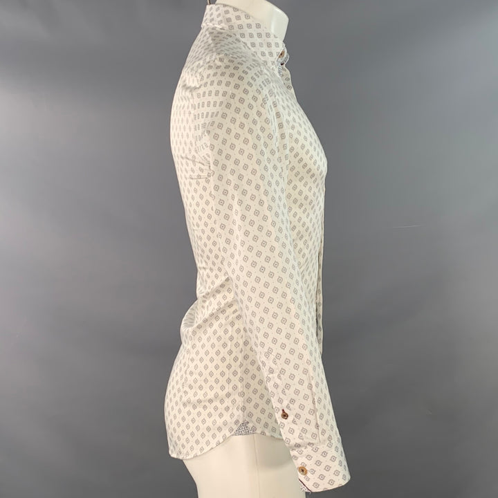TED BAKER Size XS White Grey Abstract Cotton Spread Collar Long Sleeve Shirt