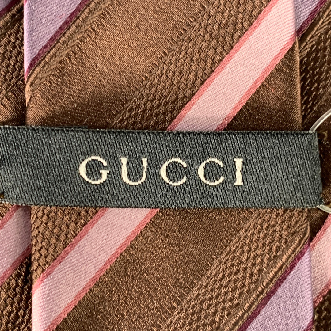 GUCCI Brown Purple Pink Diagonal Stripe Silk Tie