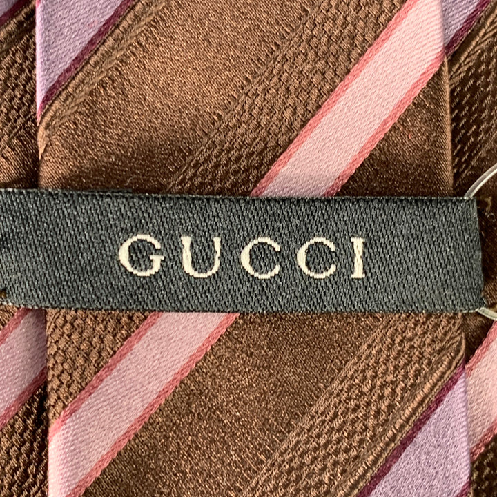 GUCCI Brown Purple Pink Diagonal Stripe Silk Tie