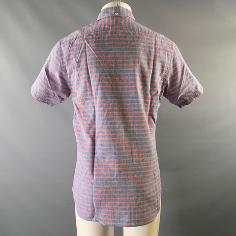 TAYLOR STITCH Taille M Chemise à Manches Courtes en Coton Rayé Bleu Rouge Boutonnée