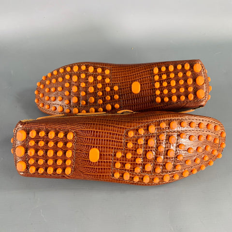 ETRO Size 8 Brown Cognac Embossed Leather Drivers Loafers