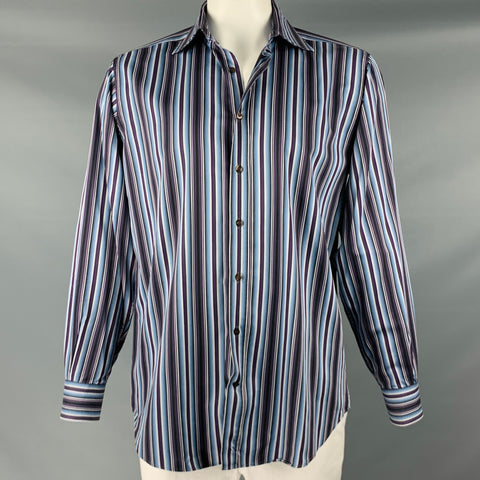 ETRO Size L Blue Purple Stripe Cotton Button Up Long Sleeve Shirt